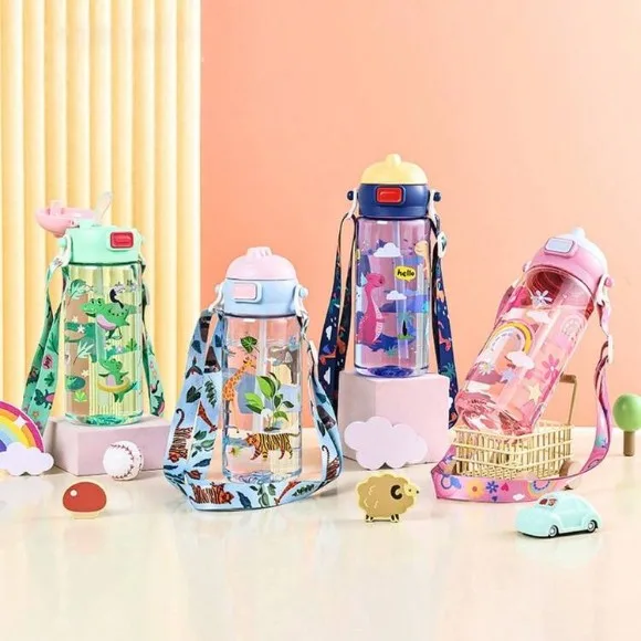 600ml Children's Straw Cup Cute Cartoon Summer Portable Strap Student Water Bottle Plastic