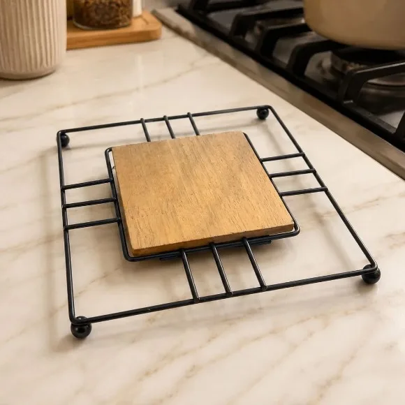Wood Metal Trivet Hot Plate Black