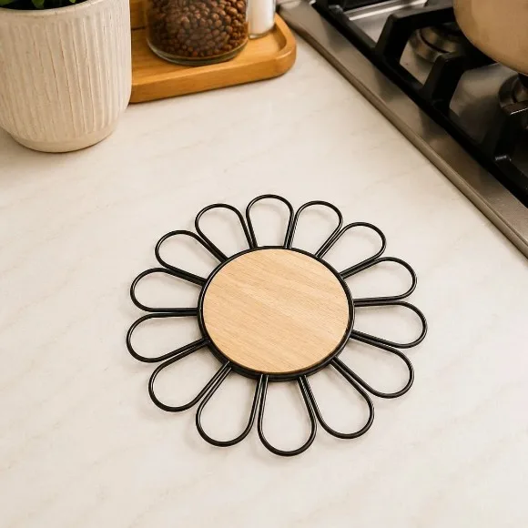 Wood Metal Trivet Hot Plate Black