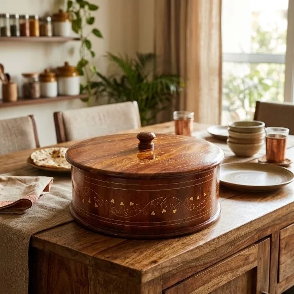 Wooden Brass Work Hot Pot Roti Box 12 Inch