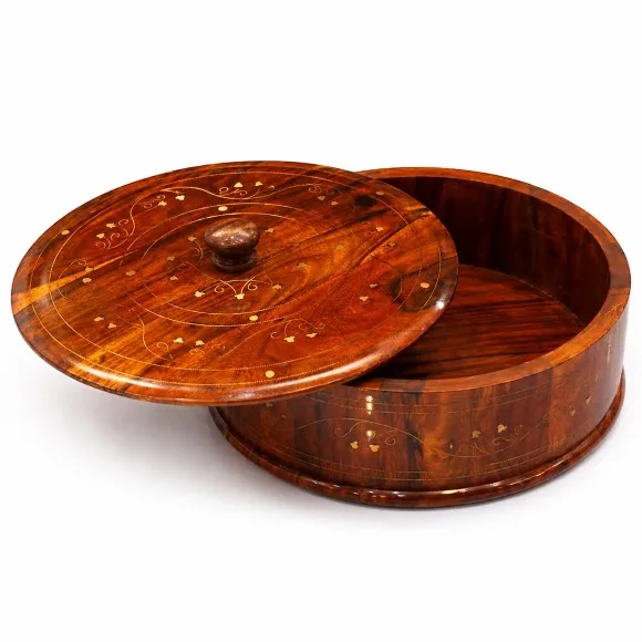 Wooden Brass Work Hot Pot Roti Box 12 Inch