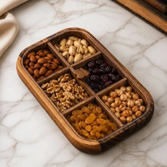 Wooden Divided Serving Tray with 6 Sections and Transparent Lid