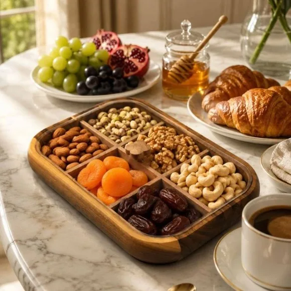Wooden Divided Serving Tray with 6 Sections and Transparent Lid