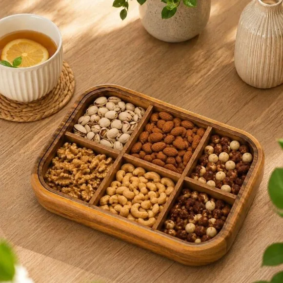 Wooden Divided Serving Tray with 6 Sections and Transparent Lid