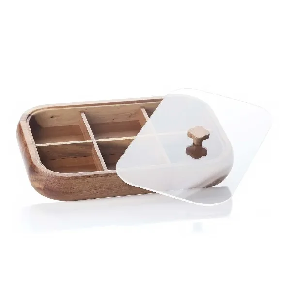 Wooden Divided Serving Tray with 6 Sections and Transparent Lid