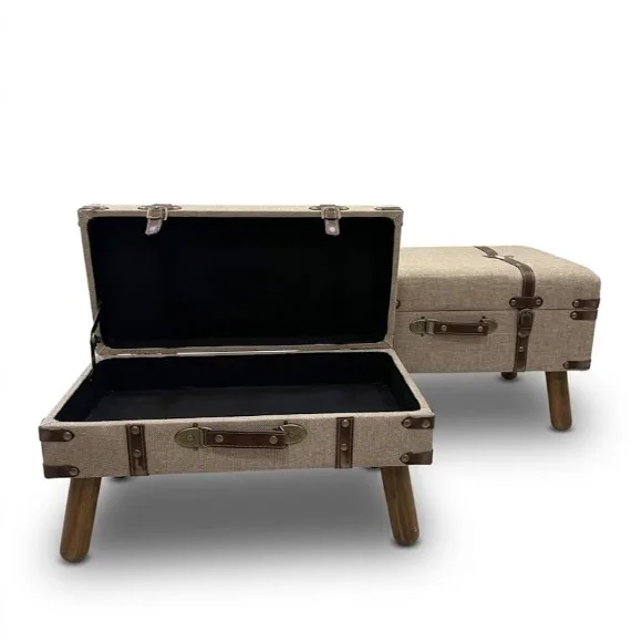 Wooden Trunk Stool Ottoman with Bronze Straps Metal Details