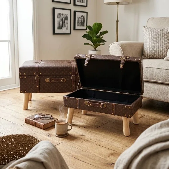 Wooden Trunk Stool Ottoman with Bronze Straps Metal Details