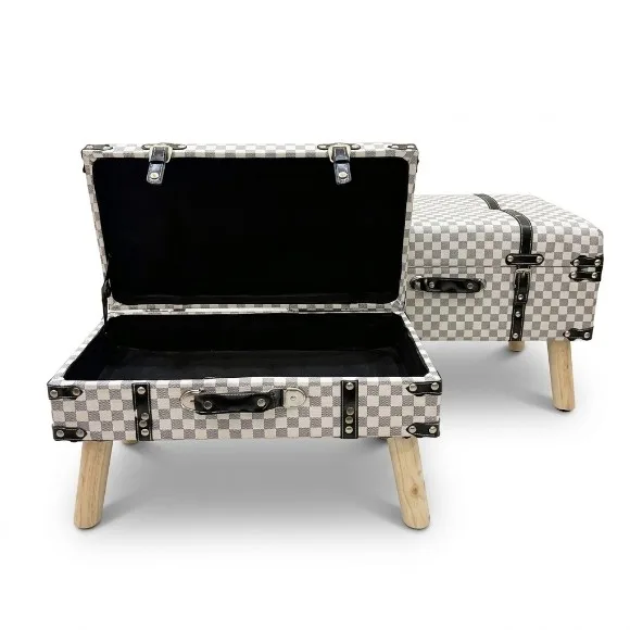 Wooden Trunk Stool Ottoman with Bronze Straps Metal Details