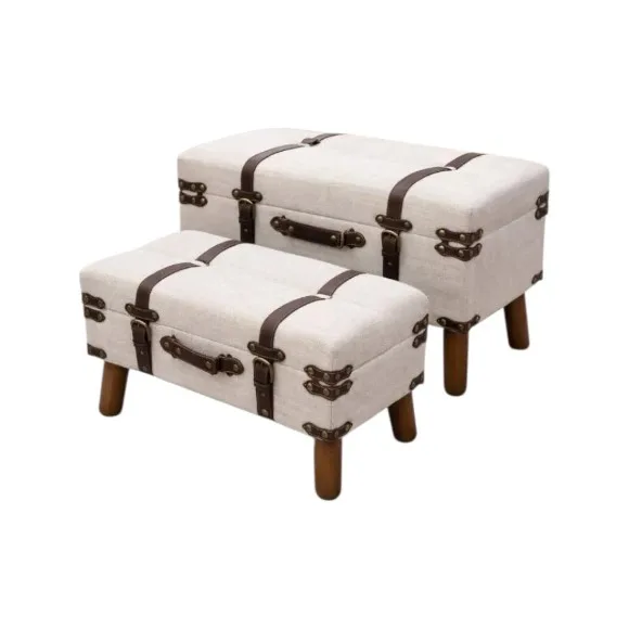 Wooden Trunk Stool Ottoman with Bronze Straps Metal Details