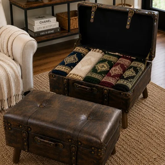 Wooden Trunk Stool Ottoman with Bronze Straps Metal Details