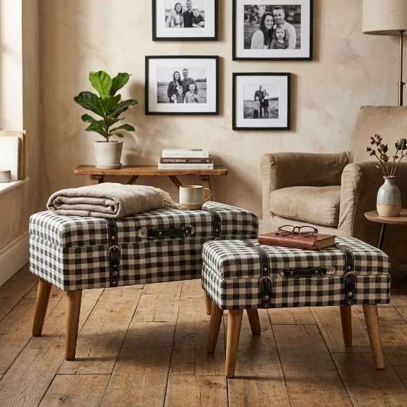 Wooden Trunk Stool Ottoman with Bronze Straps Metal Details