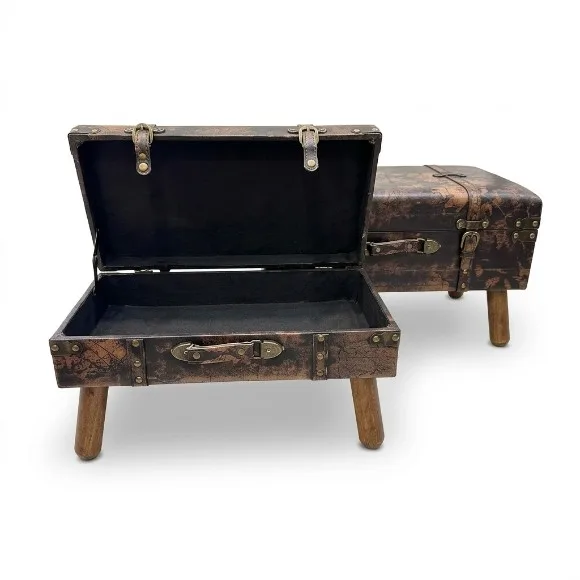 Wooden Trunk Stool Ottoman with Bronze Straps Metal Details