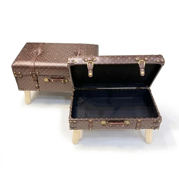 Wooden Trunk Stool Ottoman with Bronze Straps Metal Details