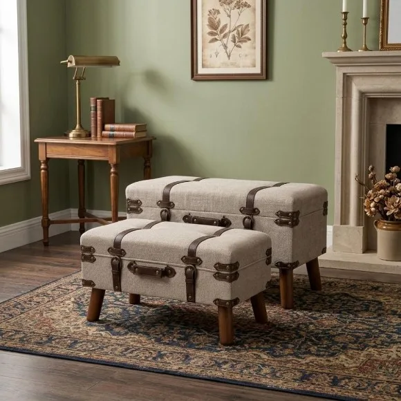 Wooden Trunk Stool Ottoman with Bronze Straps Metal Details
